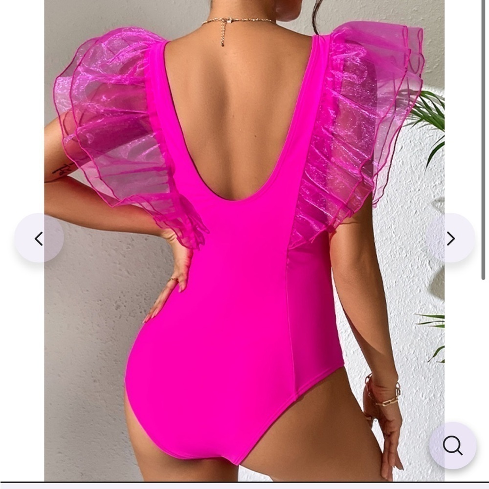 SPORLIKE Neon Pink Mesh Ruffle One Piece Swimsuit - Picture 3 of 8
